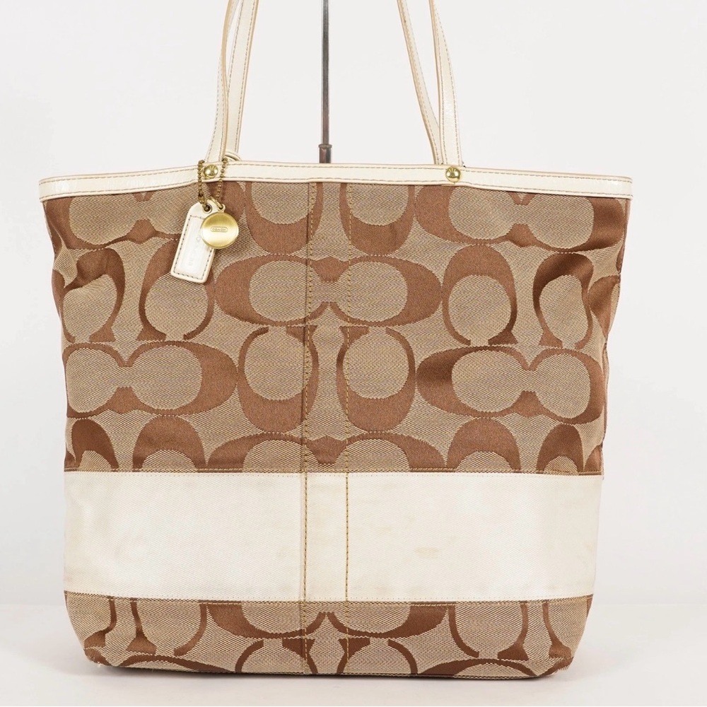Coach Signature Brown and Cream Canvas Leather Tote Bag - Picture 9 of 16